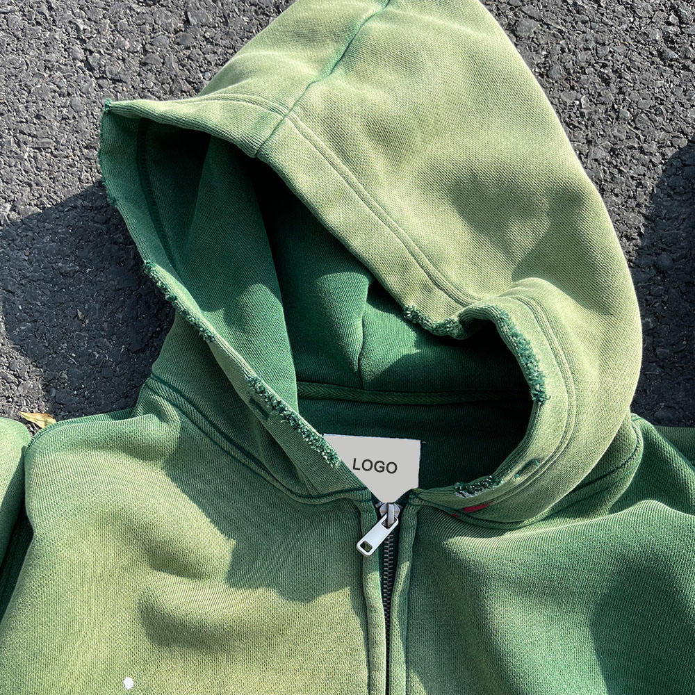 Unisex Sun Faded Zipper Vintage Sweatshirt Custom Men Heavyweight Oversize Crop Boxy Zip up Stone Acid Wash Distressed Hoodie
