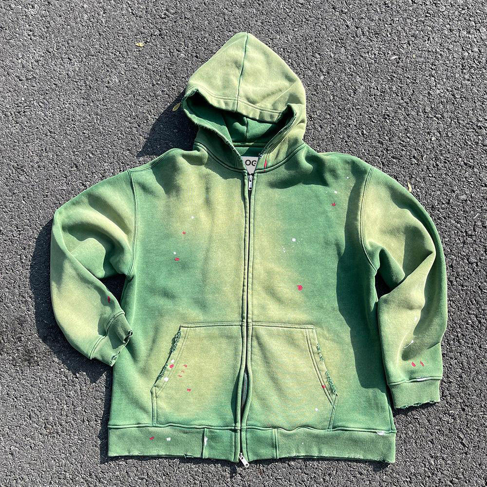 Unisex Sun Faded Zipper Vintage Sweatshirt Custom Men Heavyweight Oversize Crop Boxy Zip up Stone Acid Wash Distressed Hoodie