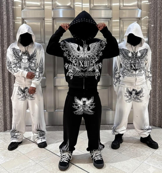 Custom High Quality Distressed Boxy 460 Sweatsuit French Terry Dtg Graphic Washed Zip up Sweatpants and Hoodie Set