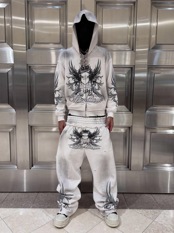 Custom High Quality Distressed Boxy 460 Sweatsuit French Terry Dtg Graphic Washed Zip up Sweatpants and Hoodie Set