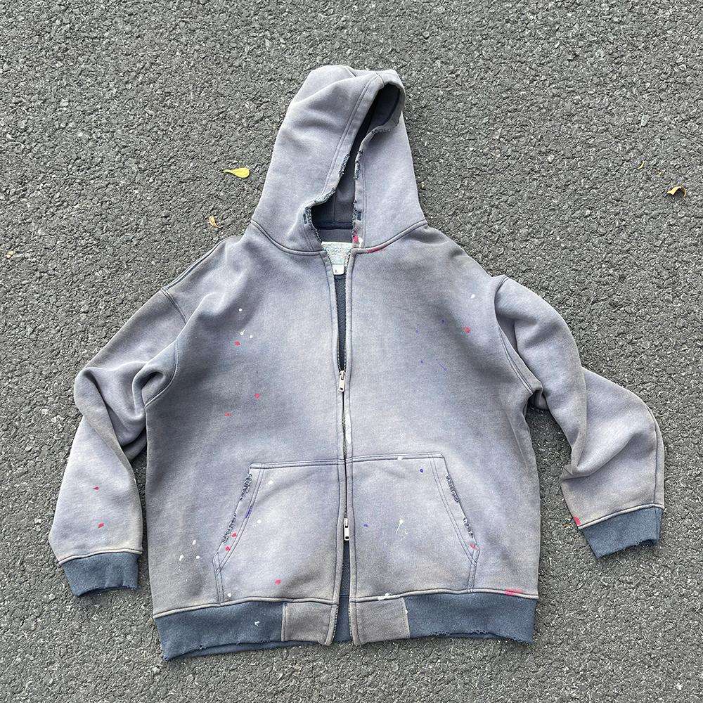 Unisex Sun Faded Zipper Vintage Sweatshirt Custom Men Heavyweight Oversize Crop Boxy Zip up Stone Acid Wash Distressed Hoodie